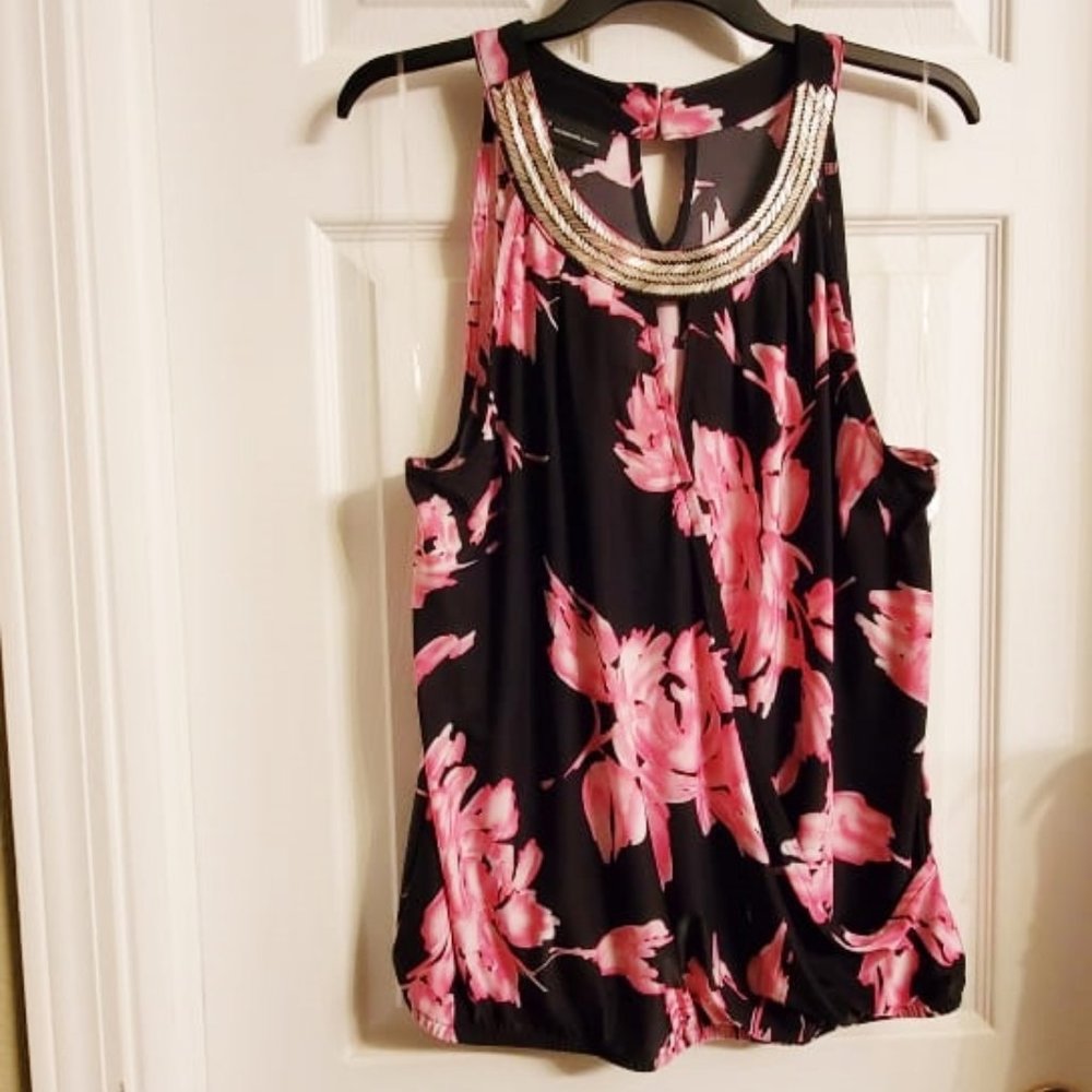 (SOLD) NWT INC International Concepts  Pink Black Floral BLOUSSON Halter Top XL
